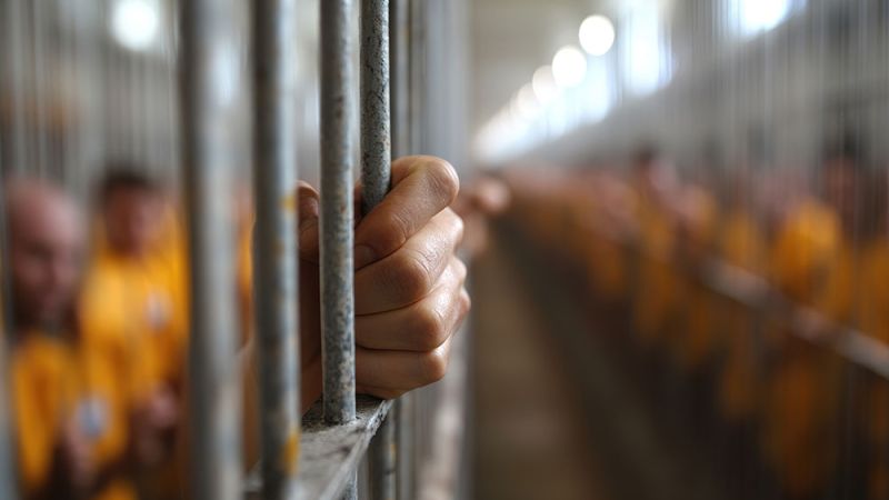 Hand gripping prison bars with blurred inmates in orange uniforms in the background.