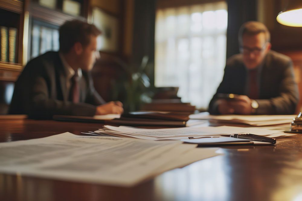 Business meeting in office with documents and pens on wooden table, two men discussing in blurred background.