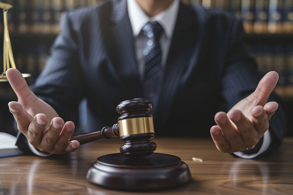 Judge gesturing in court with gavel on desk, law books in background.