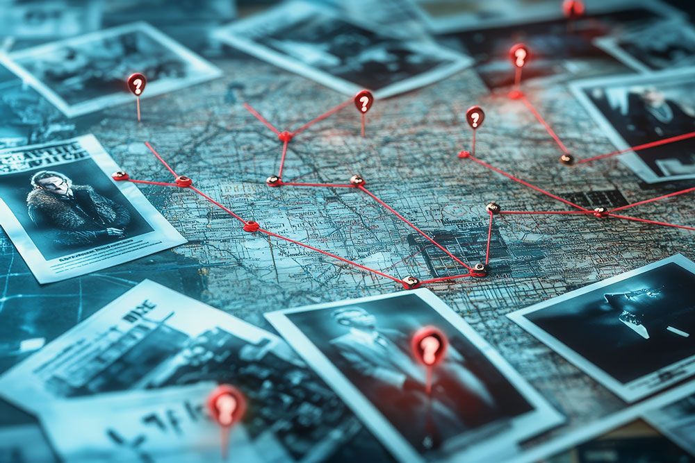 Detective crime map with red string connections, question marks, and suspect photos.
