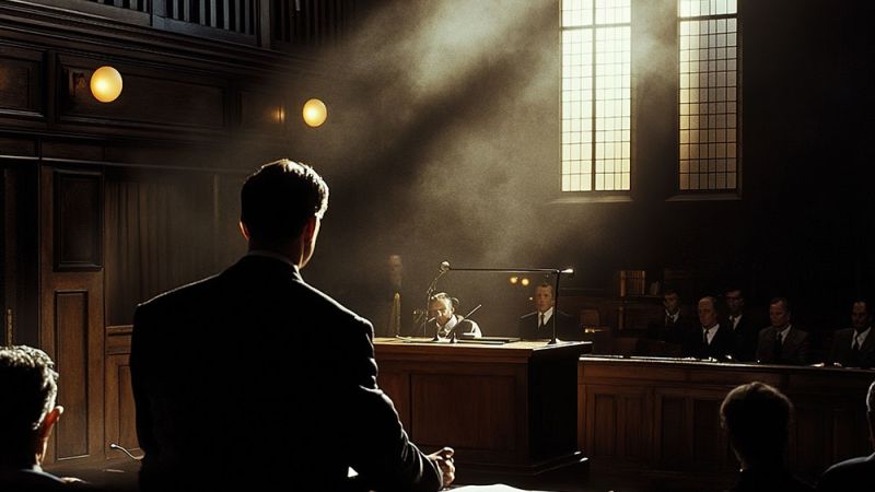 Dramatic courtroom scene with a lawyer speaking, bathed in sunlight from tall windows, facing a jury and judge.