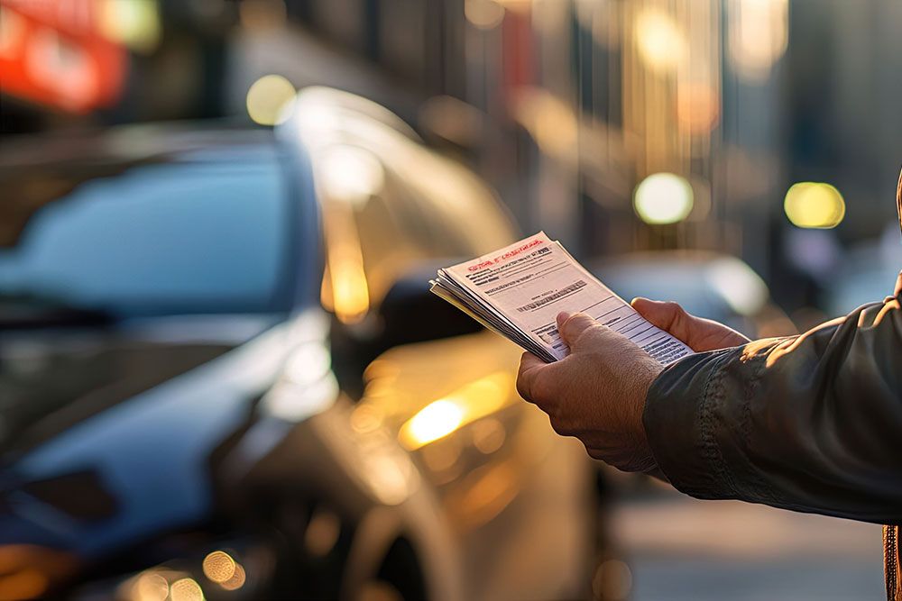 Person examining documents by a car on a city street, with blurry background and evening sunlight.