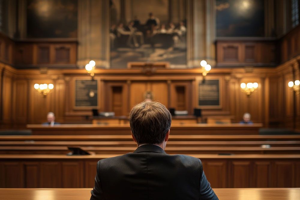 View of a person in court, focusing on a grand, traditional courtroom setting with wooden interiors.