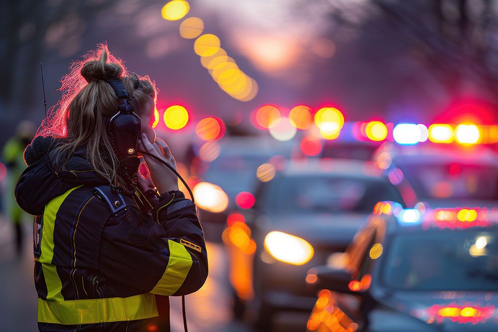 Emergency responder communicating amid police cars with flashing lights at dusk.