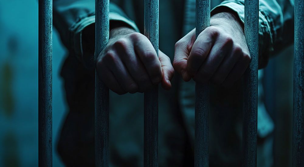 Person gripping prison bars in dim lighting, emphasizing confinement and detention atmosphere.
