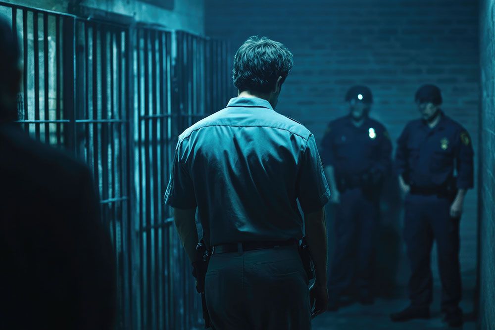 Man facing police officers in dimly lit prison corridor.