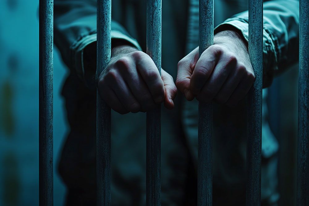 Person gripping prison bars in dim lighting, emphasizing confinement and detention atmosphere.
